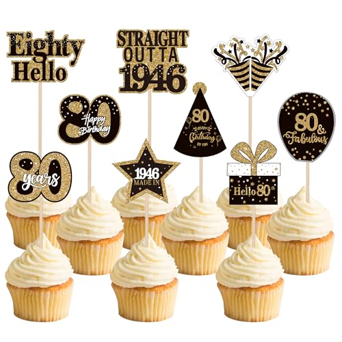 36PCS Happy 80th Birthday Cupcake Toppers Double Sided Black Gold Eighty Hello 80 Straight Outta 1946 Cupcake Picks 80 Fabulous Cheers to 80 Years Cake Decorations for 80th Birthday Party Supplies