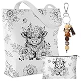 ViEinkaufen Hochlandkuh-Geschenk-Set mit Tiermotiven, Make-up-Tasche, Schlüsselanhänger, Hochlandkuh-Liebhaber, Geschenk für Frauen, Mädchen, Geschenk für Mutter, Tante, Ehefrau, Freunde, Schwester