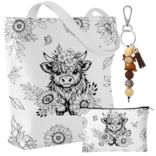 ViEinkaufen Highland Cow Gifts Set Includes Tote Bag Makeup Bag Keyring