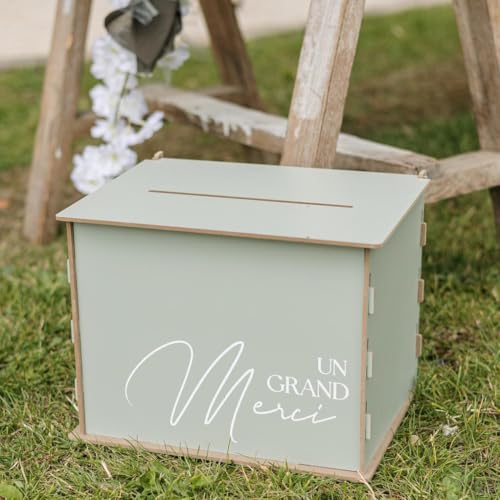 Urne de Mariage 'Un Grand Merci', Bois Vert Sage, 30 x 23,5 x 23,5 cm, Boîte à Messages