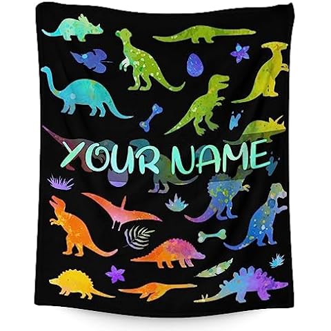 Custom Dinosaur Throw Blanket with Name - 60x50 Inches Throw Size Blanket for Kids, Boys & Girls - Soft Plush Blankets for Bed, Couch, Sofa - Colorful Cute Fuzzy Throws Gifts for Dinosaur Lovers Cover