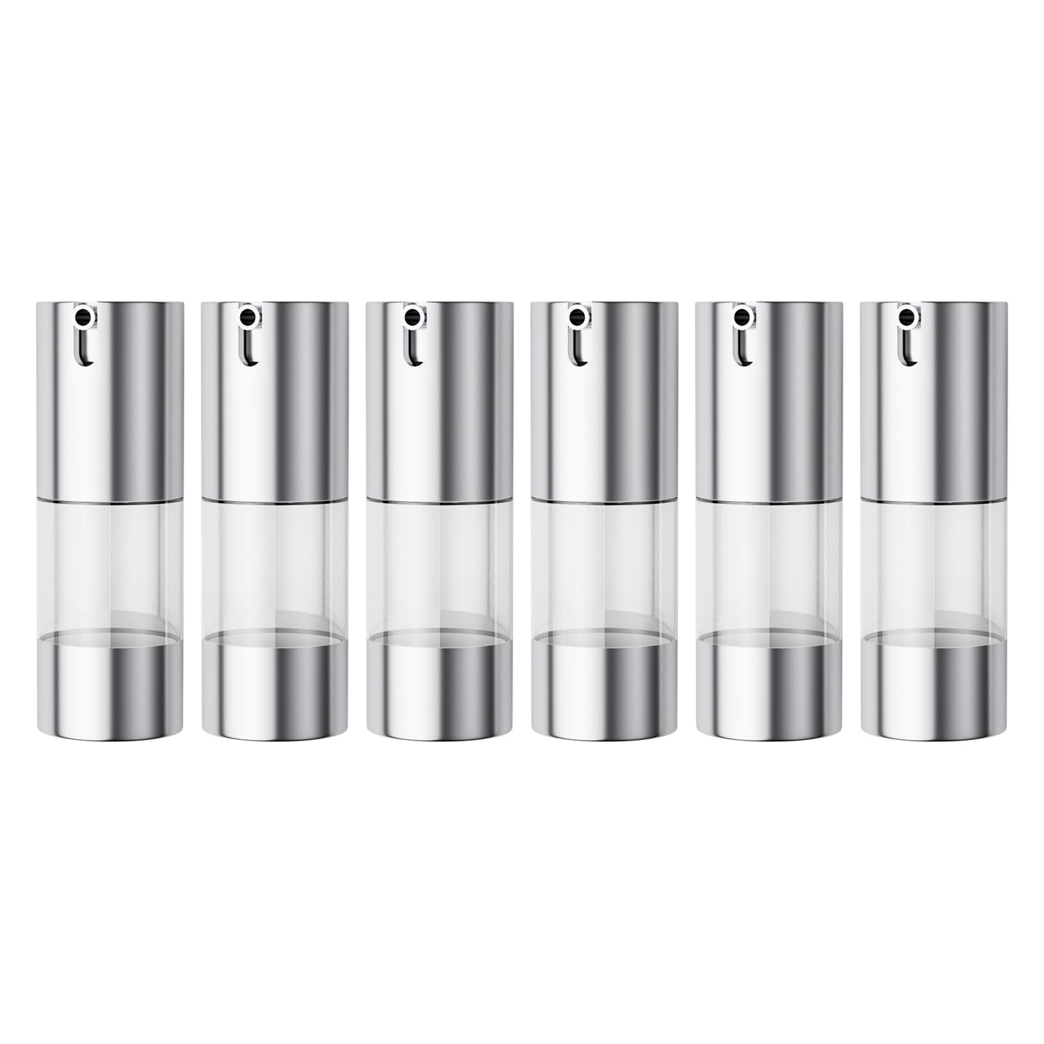 longway 15ml Airless Pump Bottle Silver Airless Cosmetic Cream Pump Bottle Travel Size Dispenser Refillable Containers(0.5oz,Pack of 6 )