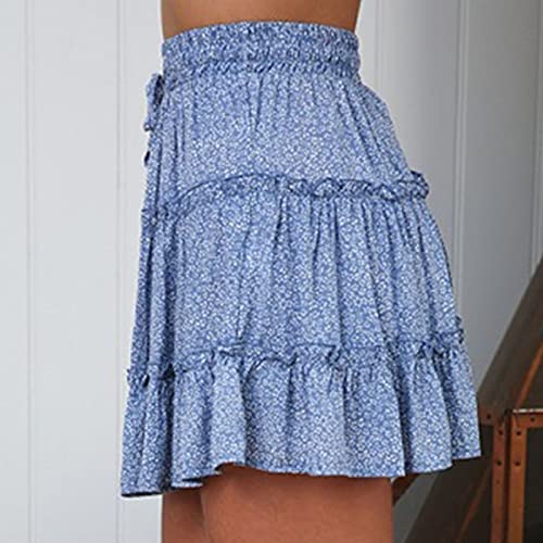 AMhomely Women Summer Casual Bohe High Waist Ruffled Floral Print Beach Short Skirt Sale UK Size Lovely Dresses Blue steampunk buy now online