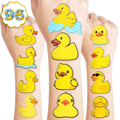 8 Sheets (96PCS) Rubber Duck Temporary Tattoos – Baby Shower & Birthday Party Decorations, Cute Duck Themed Supplies, Stickers, Favors for Kids Girls Boys Classroom Prizes