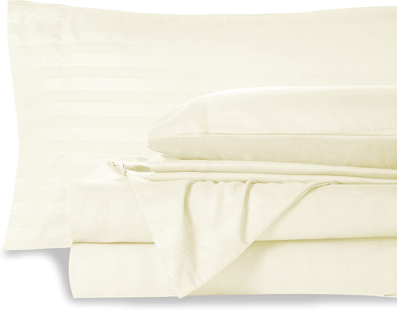 100% Long Staple Egyptian Cotton 4 Piece Sheet Set + 1 Duvet Cover with Zipper, 400 Thread Count Bedding with 35cm Deep Pocket Fitted Sheet - Ivory Stripe, King Size 5 Piece Sheet Set. — image 1