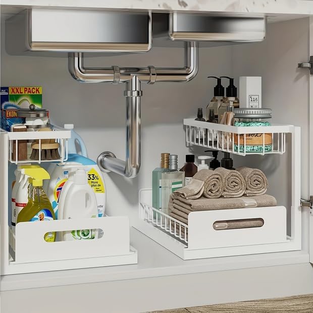 Under Sink Organizer 2-Pack White Slide Out Drawer 2 Tier Organizer Under Cabinet Kitchen Bath