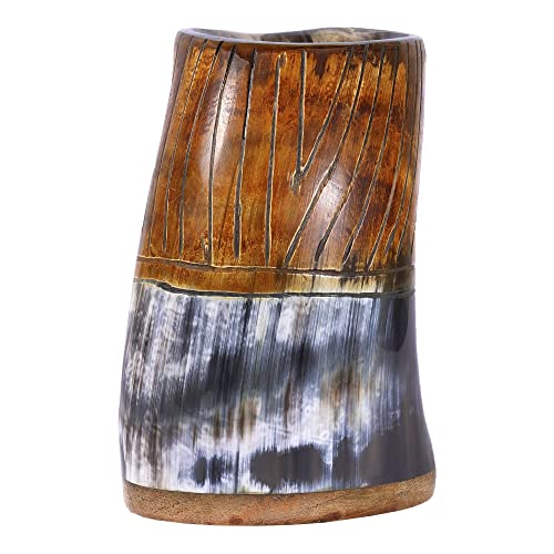 Viking Traders Original Viking Drinking Horn Mug With Burlap Sack - 20 Oz Wood Base Extra Large Medieval Inspired Handcrafted Cup Polished Natural & Real Horn Tankard For Mead Ale And Beer Party #TOP2