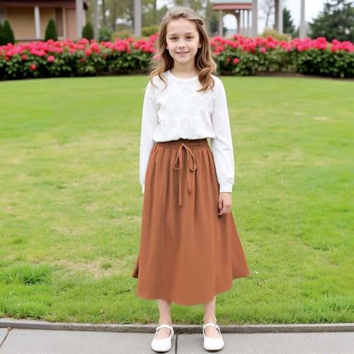 Image of Girls Maxi Skirt A-Line Uniform Skirts School Daily Skirt with Pockets, 4-13 Years
