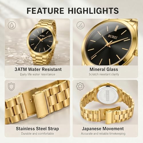 Image of BUREI Men's Wrist Watch, Analog Stainless Steel Dress Waterproof Quartz Watch for Men with Japanese Movement,Refined Gifts for Men, Boyfriend, Husband, Dad