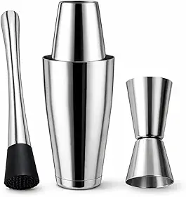 Kit Drinks 3 Peças Inox: Boston 800ml + Socador + Dosador Medidor