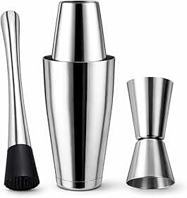 Kit Drinks 3 Peças Inox: Boston 800ml + Socador + Dosador Medidor