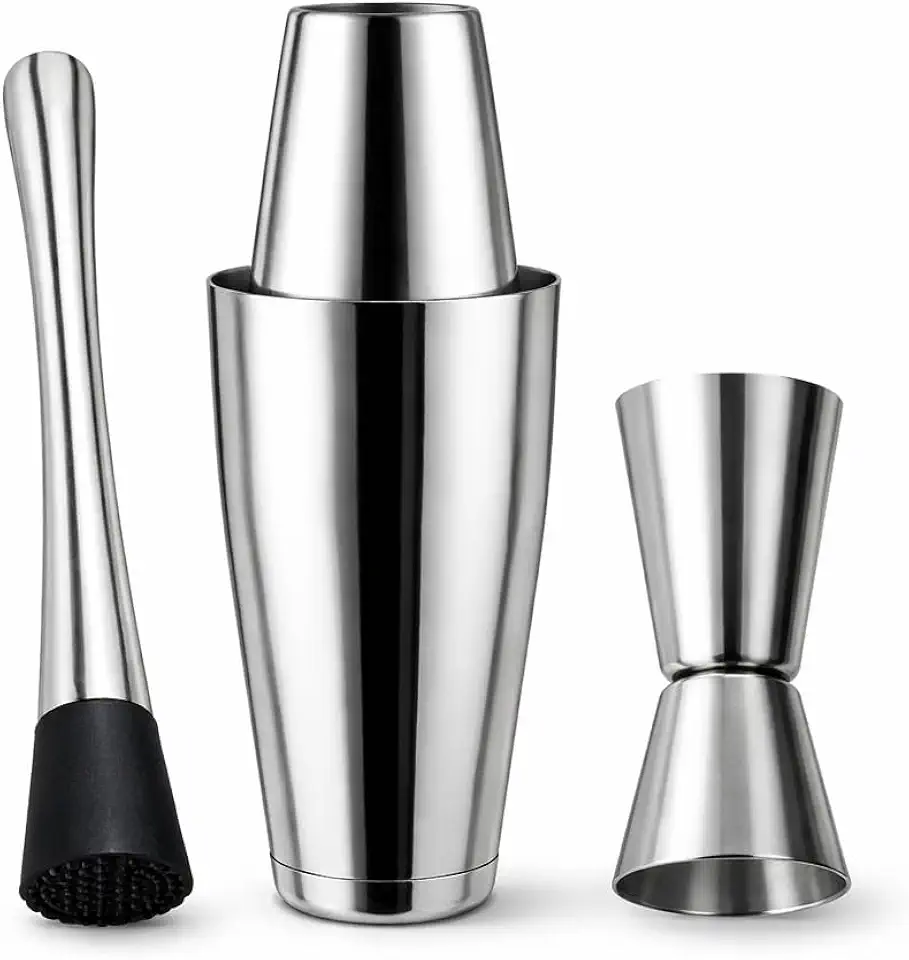 Kit Drinks 3 Peças Inox: Boston 800ml + Socador + Dosador Medidor