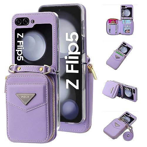 Coque Samsung Galaxy Z Flip 5 cadeau fille idée étui portefeuille violet à cordon