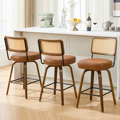 Image of Swivel Bar Stools Set of 2, 26 inch Upholstered Counter Height Bar Stools with Back and Walnut Wood Legs, Faux Leather Barstools for Kitchen Counter, Rattan Brown