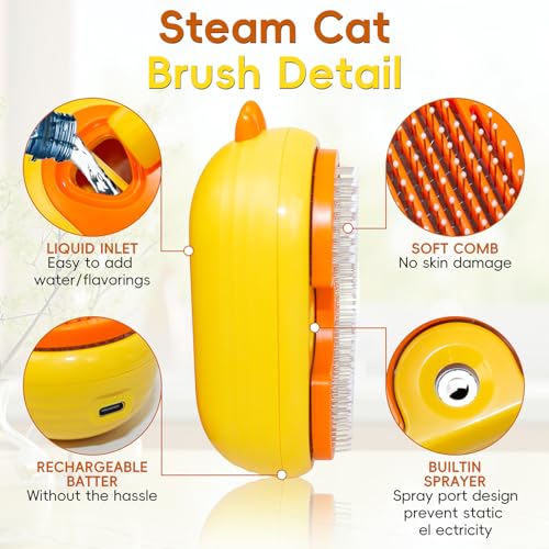 KatzenbüRste mit Dampf, 3-In-1 Katzen Dampfbürste mit Spray für Langes/Kurzes Haar, Hundebürste mit Dampf für Massage, Pflege und Haarentfernung, Dampfbürste Hund mit Wassertank und Spray