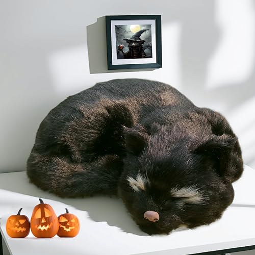 Lifelike Black Sleeping Cat Figurine - Realistic Curled Up Void