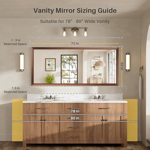 Image of 72x32 Inch Bathroom Mirror for Wall, Anti-Rust Walnut Wood Grain Metal Framed Bathroom Mirrors for Over Sink,Rectangler Mirrors for Bathroom Vanity, Farmhouse, Bedroom, Living Room, Entryway Decor