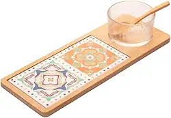 WOLFF - Conjunto 4 Peças Petisqueira Vidro com Colher Bandeja de Bambu e Tábua Ladrilho 32x12x5,5cm