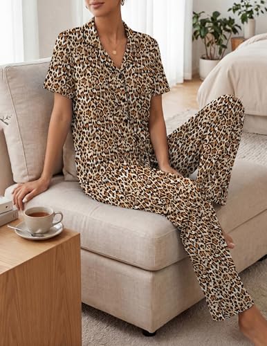 Image of Womens Pajamas Sets 2 Piece Button Up Pj Sets Short Sleeve with Long Pant