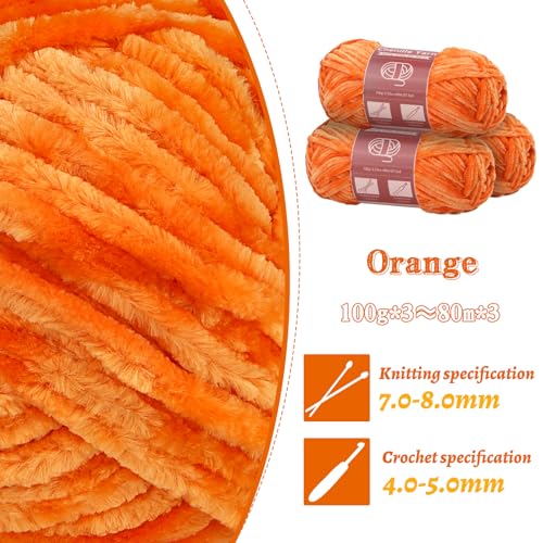 Image of LUNARM Chenille Yarn 3 Pack 3.5oz Chunky Blanket Velvet Yarn 263 Yard | Orange Chunky Chenille Yarn for Beginners Crocheting Hand Knitting Scarves with Big Eye Needles Machine Washable