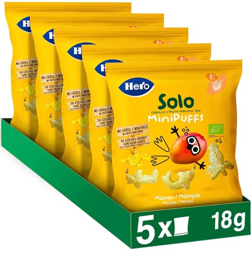 Hero Solo - Minipuff Snack de Mango, 100% ECO, BIO, con Ingredientes de Agricultura Ecológica y UE, No Fritos, Sin Azúcares Añadidos, Apto para Bebés a Partir de 8 Meses - Pack de 5 x 18 g