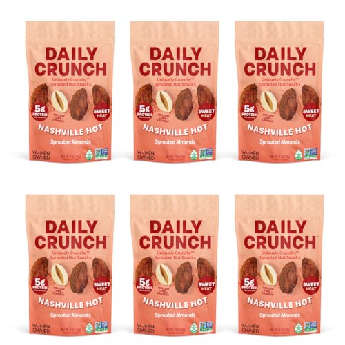 Image of Daily Crunch Sprouted Almonds and Dehydrated nuts for a Unique Crunch, Keto Friendly, Non-GMO Zero Seed Oils, Gluten Free, 4oz (6 Pack, Nashville Hot)