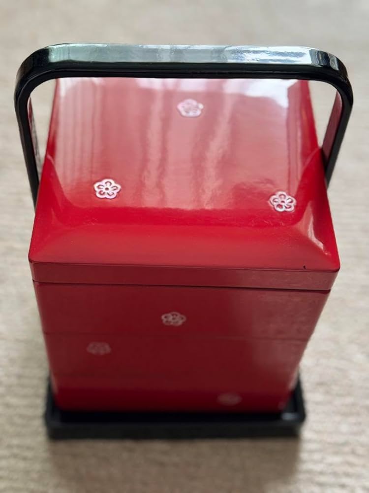 漆器重箱 輪島塗 重箱 角形 三段 胴張り -梅に鶯の蒔絵仕上げ-[内面朱色