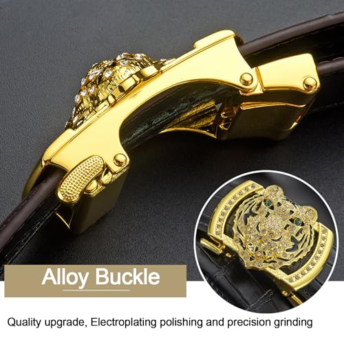 Luxury Men's Belts Gold Tiger Head Automatic Buckle Alloy, PU Leather Men Waist Strap, Slide Easier Adjustable Belt, Cut To Fit, Men Dress Casual Ratchet Belt (49in)4