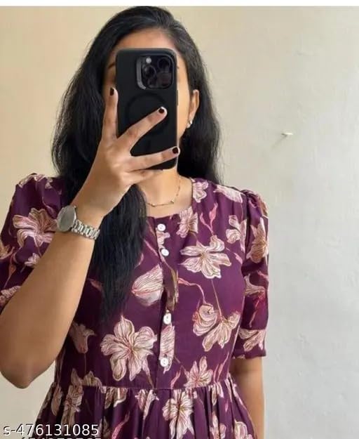 Image of Women's Cotton Blend Maxi Midi Dress Western Dress for Women Elegant Floral Printed Long Dresses