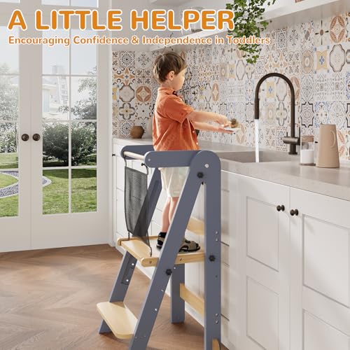 Image of ROOMTEC Foldable Toddler Kitchen Tower, 3 Adjustable Height Wooden Step Stool, Toddler Standing Tower with Safety Net (Gray)