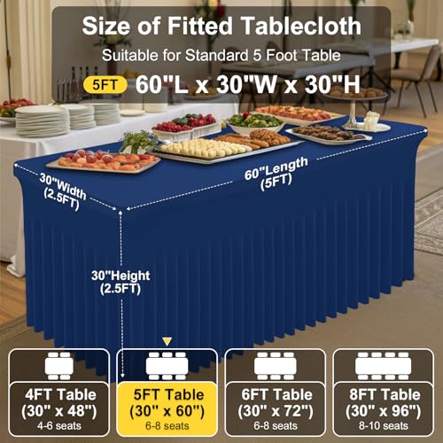Image of Smiry Spandex Elastic Fitted Table Cloth Skirt for 5FT Rectangle Table | Stretch Washable Table Cloth, Banquet Table Cover for Wedding, Party, Indoor & Trade Shows, (Navy, 60Lx30Wx30H)