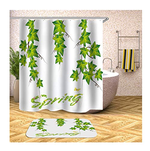 Cortina de baño de plantas que evita salpicaduras junto a alfombra suave 2