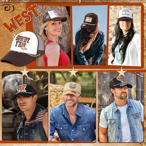 Image of Meneng Western Trucker Hat for Cowboy: Men Women Adjustable Snapback Caps with 8pcs Embroidered Patches and a Chain