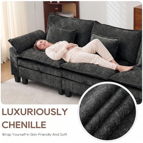 Image of IPKIG 117 inch Modular Cloud Couch with Storage, U Shaped Sectional Sofa with Ottoman & Pillow, Chenille Deep Seat Sectional Couches for Living Room, Apartment, Black