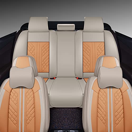 Image of GXT Deluxe Faux Leather Full Coverage Car Seat Cover Anti-Slip Universal Fits for Sedans SUV Pick-up Truck with Headrests,Interior Accessories(Khaki and Orange)