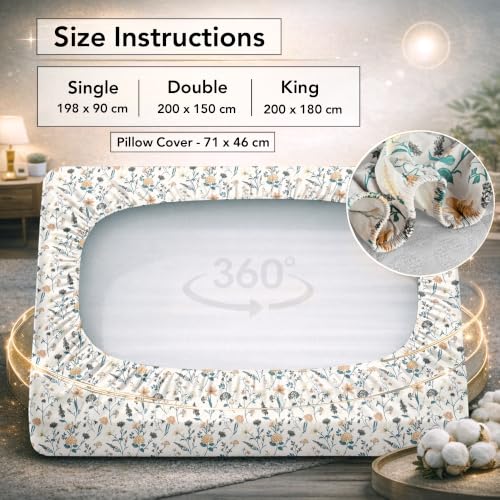 Image of Divine Casa King Size Fitted Bedsheet with 2 Pillow Covers (200 x 180 CM) | Cotton Twill Satin Floral Print | Cream Green Elastic Fitted Sheet for Mattress.