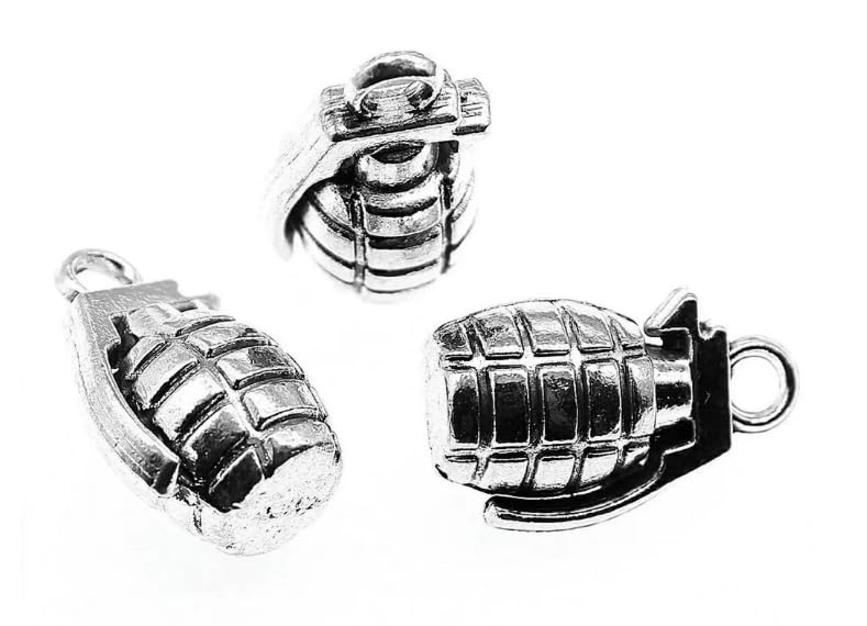 Royal Swan 10 x Antique Silver 3D Hand Grenade Charms, Grenades 22.3x13x11.5mm, Hole: 3mm, Weapons, Military, Soldier for Keychains, Earrings, Bracelets, Necklaces, Etc