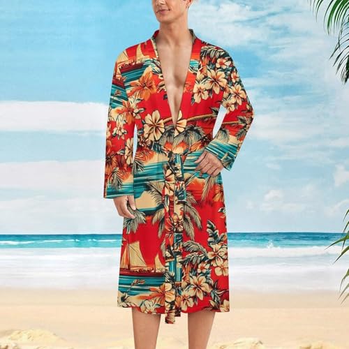 Palm Trees Hawaiian Vibrant Red Mens Robe Long Sleeve Bathrobe Lightweight Nightgown Sleepwear for Spa Shower2