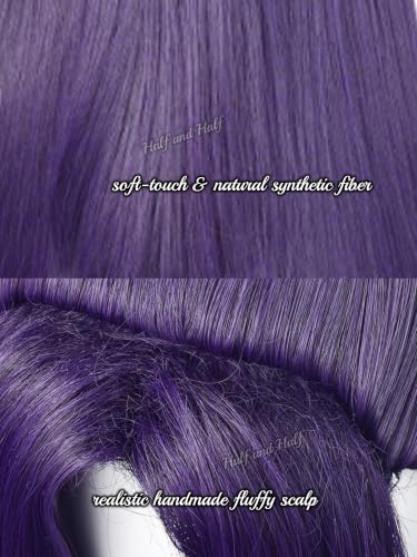Image of Half and Half Jinshi Cosplay Wig Long Straight Dark Purple Anime Wigs with Bangs & Bun 33'' Deep Purple Wigs for Unisex Halloween Costumes Party