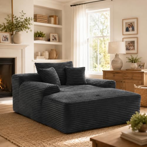 ZUCAZUCA Oversized Corduroy Chaise Lounge Chair, Boneless Sleeper Chair with Wide Armrests and 2 Throw Pillows, Spring-Cushioned Comfy Floor Sofa, No Assembly for Living Room and Bedroom, Gray