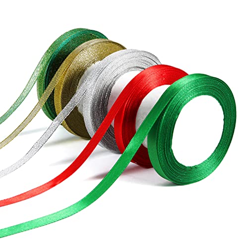 KINBOM 5 Rollos Cintas de Navidad, 1cm x 22,9m Estrecha Cinta con Purpurina Cintas Navideñas por Rollos para Decoración de Árboles de Navidad Envoltura de Regalos Manualidades (2 Estilos)