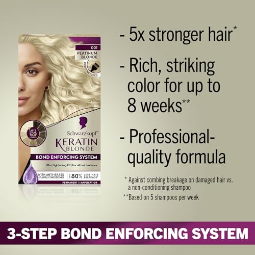 Schwarzkopf 00017000349862 Keratin Blonde Hair Dye Platinum Blonde 001, Ultra Lightening Kit, 1 Application - Hair Bleach Enriched thumb #9