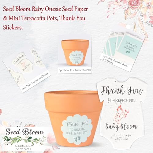 Seed Bloom Papel de semente de macacão de bebê para chá de bebê com mini vasos de terracota, pacotes