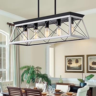 XIPUDA 5-Light Pendant Lights Fixture, Farmhouse Chandeliers for Dining Room, Rustic Island Lights for Kitchen, Rectangular Chandelier Rustic Farmhouse Light Fxiture