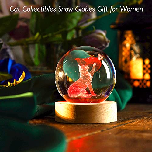 Image of IFOLAINA Cat Lover Gifts for Women 3D Cat Figurines in Crystal Ball 60mm Decor Kitten Collectibles Kitty Snow Globes Gift Glass Sphere with Wooden LED Light Base