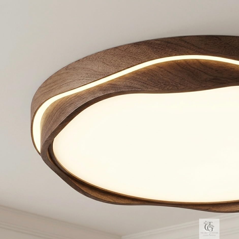 Image of 3C LED Ceiling Light, Modern Designer Ceiling Lamp with Round Wave Frame Design for Bedroom, Living Room, Hall & Home Decor|Walnut-Wood