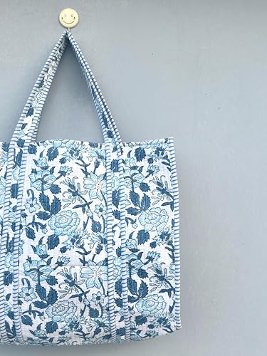 Image of Quilted Cotton Handprinted Reversible Large multicolor Floral Tote Bag,Hand Block Print Shopping Shoulder Carry Bag