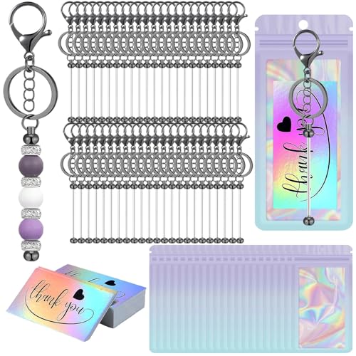 Image of 42 /84 /126 Pcs Beadable Keychain Bars Bulk Blank DIY Beaded Keychain Making Supplies with Bag Thank You Card
