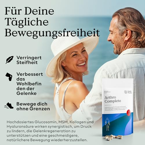 Health Routine Arthro Complete – Glucosamin Chondroitin Hochdosiert – 1er Pack – MSM, Kollagen, Hyaluronsäure, Curcumin & Boswellia – Gelenkkapseln für Knorpelaufbau, Gelenke, Knochen & Beweglichkeit