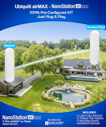 Image of Wireless Bridge Ubiquiti NS-5AC PRE-CONFIGURED, Bundle of 2 Ubiquiti Nanostation NS5AC, Point to Point Outdoor WiFi Bridge, Plugh and Play, 5GHz, 450+Mbps, 15+km Link Range, Network Bridge